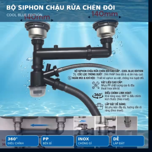 Bộ xi phông chậu rửa bát bầu to 140mm có điều chỉnh khoảng cách giữa 2 bầucó ngăn mùi thoát tràn