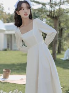 น่าทึ่ง งานแต่งงาน เดรส สีขาว ฤดูใบไม้ร่วง ฤดูหนาว สไตล์ ผู้หญิง เรียบหรู แขนยาว ซิป ปิด ทรงเอ ชุดราตรีเหมาะสําหรับการหมั้น
