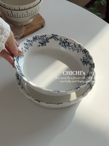 French Vintage 6.7 Inch Blue Floral Lace Ceramic Serving Dish Fruit Plate Elegant Home Decor Dishware Made in China
