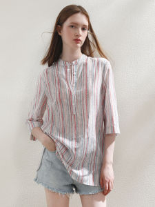 Miccbeirn | Elegant Silk Cotton Printed Shirt Vintage Stand Collar Artistic Casual Drapey Personality Striped Design Commute Style Loose Fit