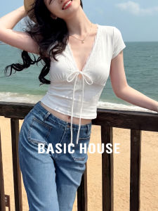 Basic House | Design Elegant White Lightweight Tencel Lace Ribbon Sleeve T-Shirt Women