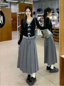 Fashionable plus Size Set Womens Long Sleeve Black Grey Pleated Mini Skirt Two Piece Suit Autumn Collection Polyester Fiber