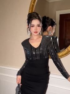 ZYHT EraVogue Váy nữ Váy đen Váy dài tay Váy cổ chữ V Váy Sequin Váy cao cấp Váy cổ điển Váy cưới Váy dự tiệc Váy Pháp 50656