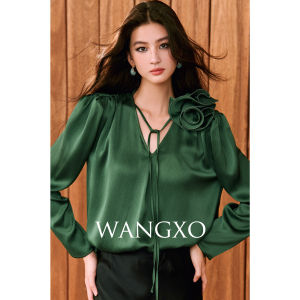 WANGXO | Áo Sơ Mi Rộng Tay V Đính Hoa Hồng 3D Bông Bóng Bọt Satin Tháo Lắp