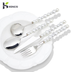 Konco 304 stainless steel cutlery with pearl handle Western Tableware  Coffee spoon Soup spoon tea spoon steak knife  Fork Desert spoon elegant  Flatware wedding party decoration cutlery 1 piece house warming gift