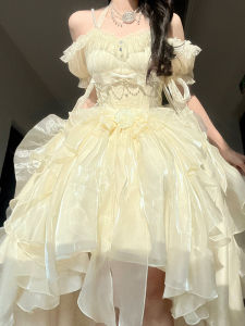 ชุดเดรสจั๊มสูทคอฮอลเตอร์สไตล์โลลิต้าสีพื้นหรูหราสำหรับผู้หญิงวัย 18-24 ปี ฤดูร้อน 2023 แขนสั้น กระโปรงทรงเอ