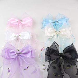 Elegant Mesh Tulle Big Bow Hairpin with Small Rose Embroidery Long Floating Ribbon Hair Clip for Girls Daily Photograph Styling