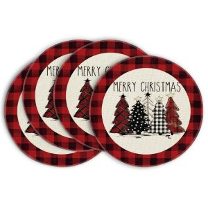 VIKAMA Red Buffalo Kẻ Sọc Giáng Sinh Placemats Merry Xmas Thiết Kế Hình Cây Trang Trí Bàn Ăn Tròn Trang Trí Nhà Bếp Chống Thấm Nước Vải Lanh Chống Thấm Dầu Nhà Bếp Ngày Lễ Phụ Kiện