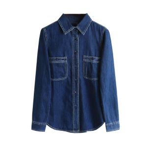 เสื้อเชิ้ตยีนส์สีน้ำเงินเข้มสไตล์ย้อนยุคสำหรับผู้หญิง ฤดูใบไม้ผลิและฤดูใบไม้ร่วง เสื้อเชิ้ตแขนยาวทรงสลิมฟิตสำหรับผู้หญิงไซส์เล็ก
