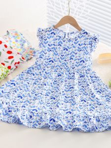 Cool Cotton Silk Girls Dress Summer Thin Artificial Cotton Floral Print Skirt Cake Skirt Style Fly Sleeve Childrens Clothes