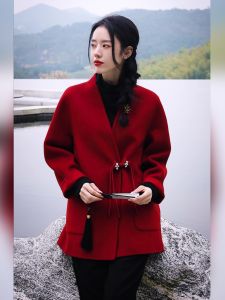 HANCHUN | Stylish Retro New Chinese Red Wool Coat