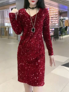 Spring 2025 Womens Fashion Sequin Dress Slimming A-Line Midi Skirt Korean Style Gathered Waist Polyester Long Sleeve V-Neck