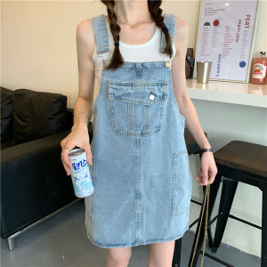 Summer Womens Denim Overalls Dress Student Versatile A-Line Skirt Korean Style Loose Waist No Sleeve Pure Color Midi Dress