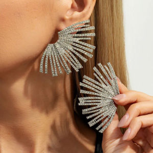 SHIXIN Luxury Full Rhinestones Fan Shaped Large Stud Earrings Women Elegant Shiny Crystal Irregular Earrings Bride Party Jewelry