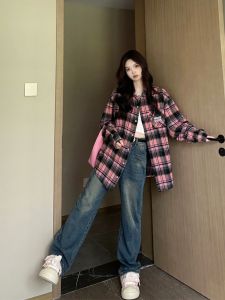 American Plaid Long Sleeve Shirt Women Spring Autumn Loose Outerwear Design Sense Collar Top Coat Sweet College Style