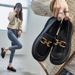 Womens Slip-On Loafers Soft Bottom Versatile Shoes British Style Flat Bottom Small Leather Shoes Black One-Touch Fashionable