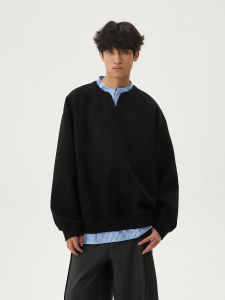 Syri Mens Long Sleeve Henry Collar T-Shirt Casual Suede False Two-Piece Striped Patchwork Versatile Spring Fashion Top