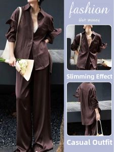 LIANGYILAILIN | Casual Salt Style Office Outfit Set Coffee Color Shirt and Wide Leg Pants