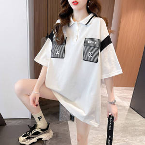 White Polo Collar Short Sleeve T-Shirt Womens Loose Mid-Length plus Size Summer Trendy INS Super Popular Upper Apparel