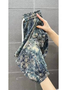 Spring Summer Floral Print Loose Fit Ice Silk Drawstring High Waist Casual Pants Tassel Elastic Hem Versatile Slimming Trousers