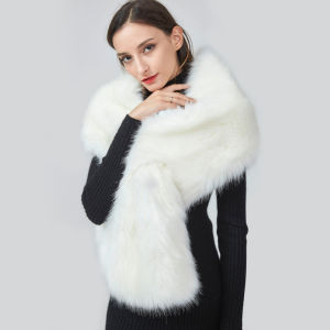 Imitation Fur Shawl for Brides Long K-Style Rectangle Scarf with Fox Fur Collar Multi-Function Winter Accessory in White for Women