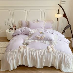 Girl Princess Style Flannel Lace Super Soft Ruffled Chiffon Bow 4-Piece Bedding Set