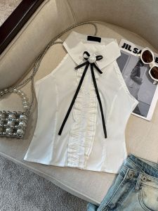 GUZILIAN | Chic Blue Halter Neck Short Sleeveless Shirt Womens Fashionable Korean Style Sweet Bordered College Style Vest Outerwear