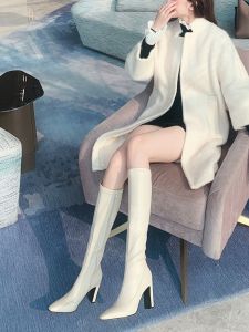White High-Top Boots Womens Fashionable Early Autumn Winter High Heels Long Boots Square Head Thick Heel Midi Skirt Booties