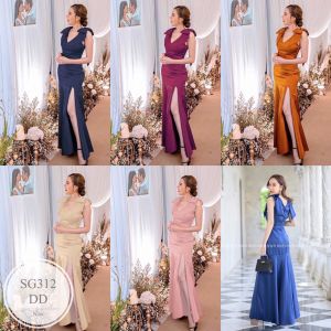 ES312  เดรสยาว ชุดออกงาน ชุดเพื่อนเจ้าสาวชุดไปงานแต่ง แต่งโบว์ไหล่ทั้ง 2 ข้าง งานซิปหลัง ลุคสาวสวยไฮโซ