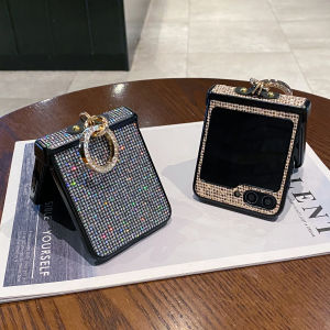 Artificial Diamond-Plated Ring Buckle Phone Case For Samsung Galaxy Z Flip 7 6 5 4 3 flip7FE Sparkling Lattice PC Colorful Cover