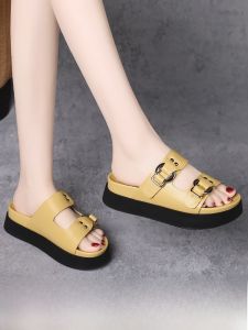 SHIPAILUO | 2022 Summer New Womens Flat Bottom Sandals Soft Bottom Fashionable Thick Heel Leather Slippers Outdoor Casual Shoes
