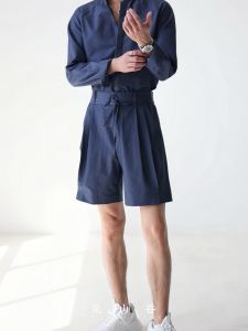 New Chinese Style Casual Loose Fit mid Waist Belted Denim Blue Shorts Straight Leg Summer Fashion Urban Polyester Fiber Shorts