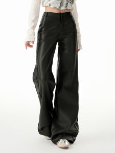 High Waist PU Leather Casual Pants Womens Black Slimming Hot Girl Wide Leg Pants City Walk Casual Travel Daily Wear