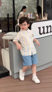 Set bộ tay ngắn áo sơ mi kẻ The Sea cho bé trai kèm quần short kaki 11kg đến 28kg BERNIE H1225B27