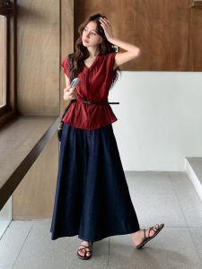 French Elegant Light Maturity High-End Feelings Set Womens Summer Thin Retro Waist-Cinching Top Jeans Two-Piece Set