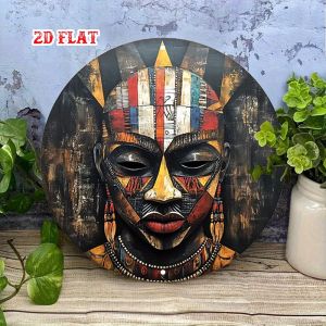 Vibrant Aluminum Tribal Mask Wall Art 7.8in Geometric Round Metal Print for Living Room Cafe Decor
