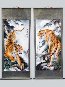 Tiger Painting Traditional Chinese Painting Tiger Climbing the Mountain Decorative Painting Tiger Picture Living Room Landscape Painting under Mountain Tiger Hanging Painting Scroll Hanging Chinese Decoration