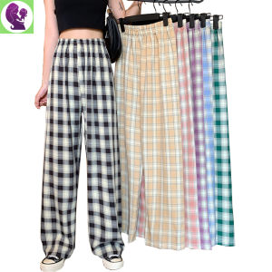 Summer Thin Mosquito Pants 45-75KG Woman Plaid Wide Leg Pants Loose High Waist Straight Pants Ladies Casual Long Trousers Korean Beach Pants