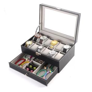 WB12 Double-Layered 12 Grids Slots PU Leather Watch Storage Box