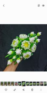 พานดอกบัวพับดินปั้น จัดทรงแนวนอน ความยาว 12 นิ้ว กว้าง 7 นิ้ว