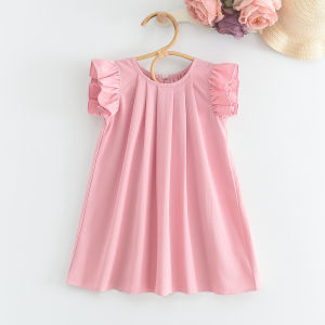 Menoea mùa hè màu trơn mới bé váy con gái với cổ tròn và bay tay Áo xếp li ngọt ngào và dễ thương Đầm công chúa cho 3-7 tuổi