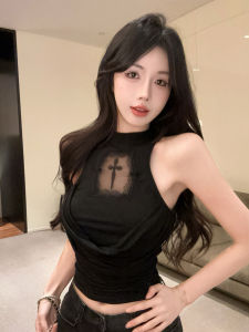 GUZILIAN | เสื้อกั๊กทรงเข้ารูปสีดำ ดีไซน์เซ็กซี่ แขนกุด ผ้าตาข่ายโปร่ง คอวี สำหรับผู้หญิง ช่วงฤดูร้อน เสื้อสั้น ทรงเข้ารูป