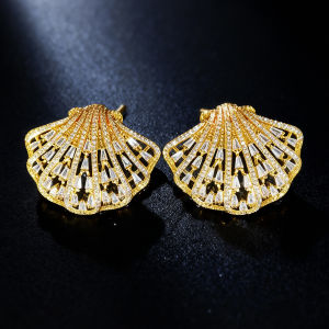 SEQUITO Delicate Gold Plated Jewelry Micro Pave Shiny AAA Cubic Zircon Shell Shape Women Big Stud Earrings New Years Gifts SE1004