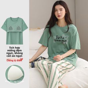 MiiOW | Bộ đồ ngủ cotton nguyên chất mùa hè có đệm ngực cho nữ Áo thun cổ tròn tay ngắn Quần short Thiết kế hoạt hình dễ thương Bộ đồ mặc nhà