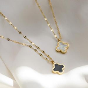 BESFOME Zircon Four-Leaf Clover สร้อยคอ Double Sided Shell จี้ Clavicle Stainless Steel Chain Gold Plated Necklace - Zircon Four-Leaf Clover Pendant
