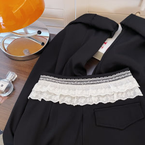 Quần dài PAIBOLI ống rộng màu đen viền ren phong cách pháp