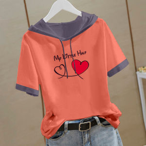 Summer New Style Loose Fit Short Sleeve Color Block Hoodie Womens Cotton T-Shirt Thin Korean Version Trendy Top