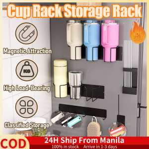 Wall Mount Cup Holder Magnetic Cup Holder With Pipette Stand And7 Hooks Side Cup Holder For Refrigerator 3/8 Cup Organizer Rack 5-Piece Set Cup Storage Rack Space-Saving Organizer Shelf