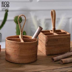 Giỏ mây 4 ngăn đựng đồ có tay cầm ECOHUB sang trọng đựng đồ rượu trang trí chụp ảnh. (Rattan Storage Baskets)