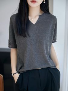 YUEXINYIRONG | Elegant French Style Sequin V-neck Breathable Lightweight Knit Tee